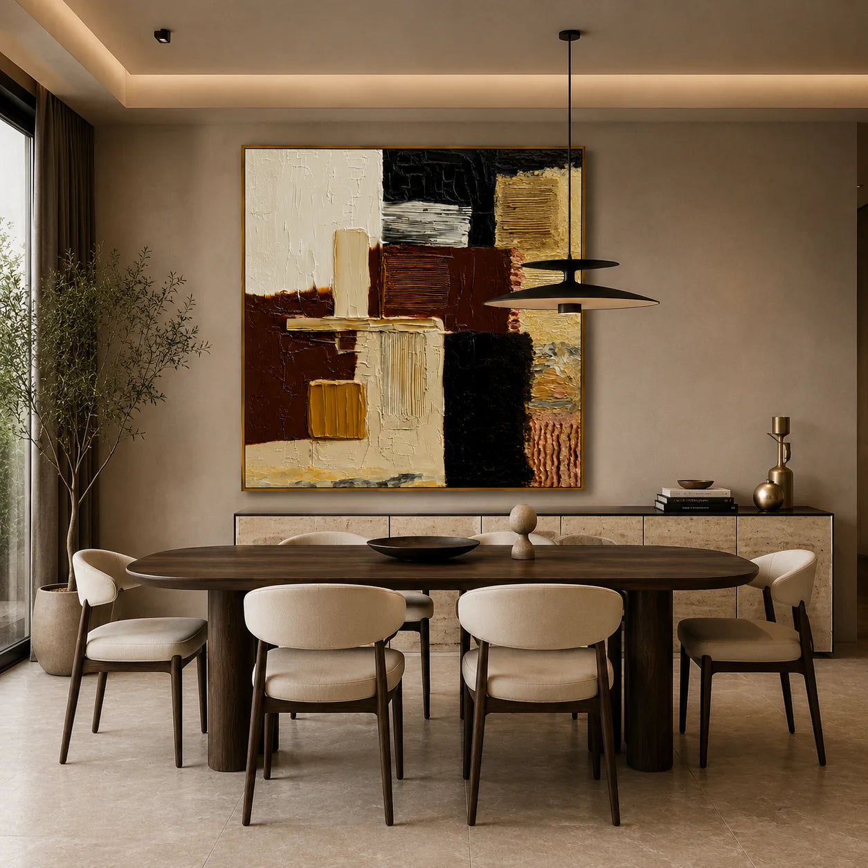 Hand-Painted Textured Abstract Oil Painting – Black, Brown and Neutral Geometric Wall Art for Modern Interiors#OA 0977
