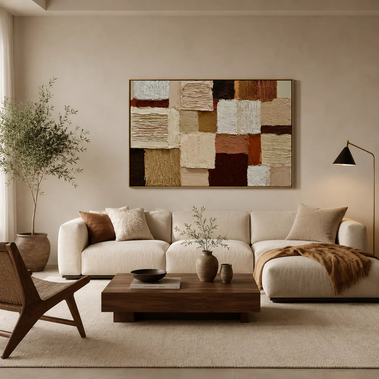 Hand-Painted Textured Abstract Oil Painting – Horizontal Earth Tone Geometric Wall Art for Modern Home Decor#OA 0984