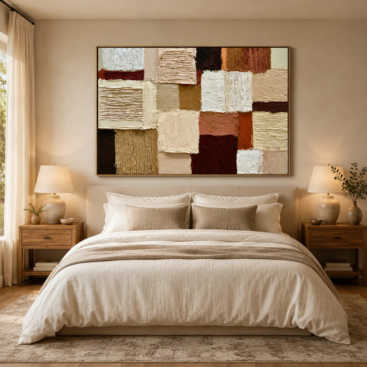 Hand-Painted Textured Abstract Oil Painting – Horizontal Earth Tone Geometric Wall Art for Modern Home Decor#OA 0984