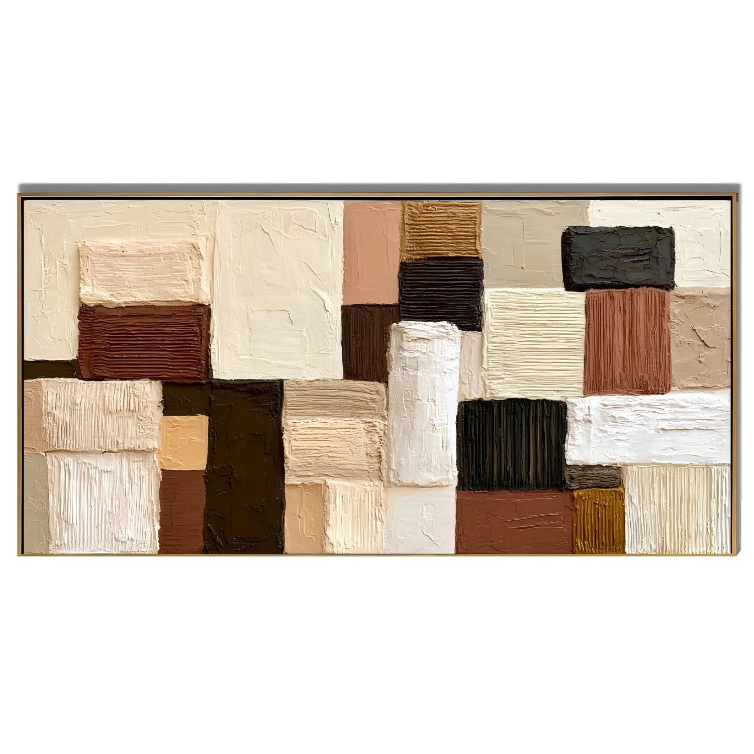 Hand-Painted Textured Abstract Oil Painting – Horizontal Neutral Geometric Wall Art for Modern Home Decor#OA 0980