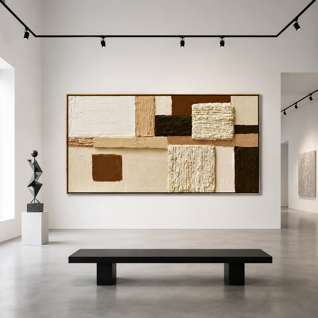 Hand-Painted Textured Abstract Oil Painting – Horizontal Neutral Geometric Wall Art for Modern Home Decor#OA 0979
