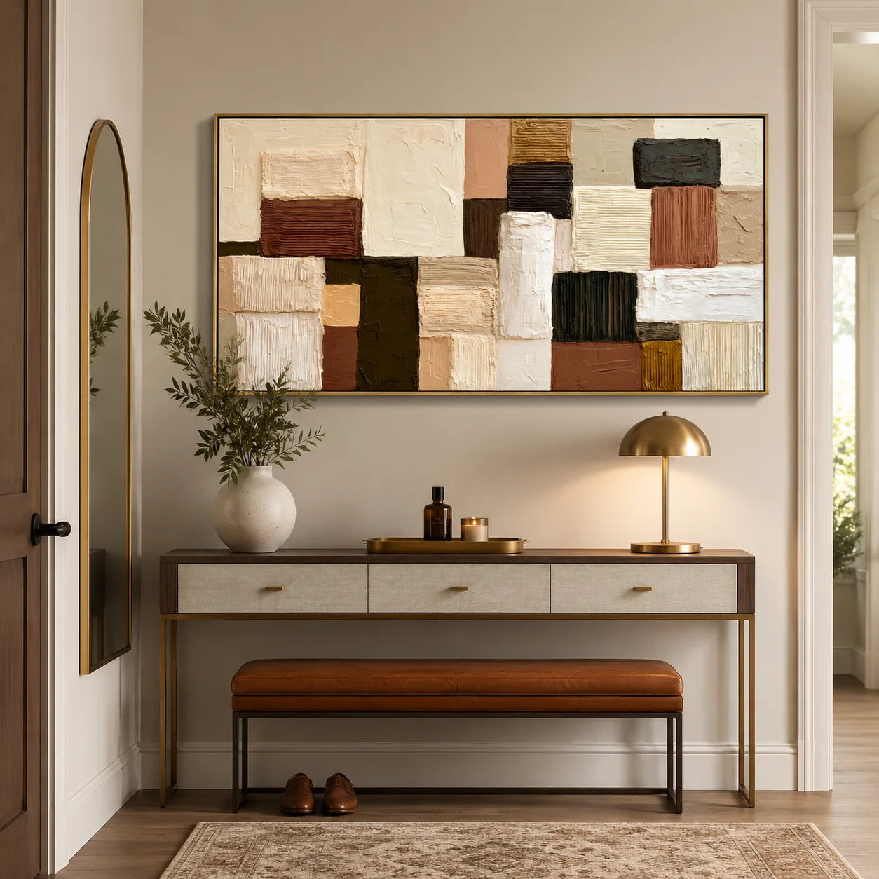 Hand-Painted Textured Abstract Oil Painting – Horizontal Neutral Geometric Wall Art for Modern Home Decor#OA 0980