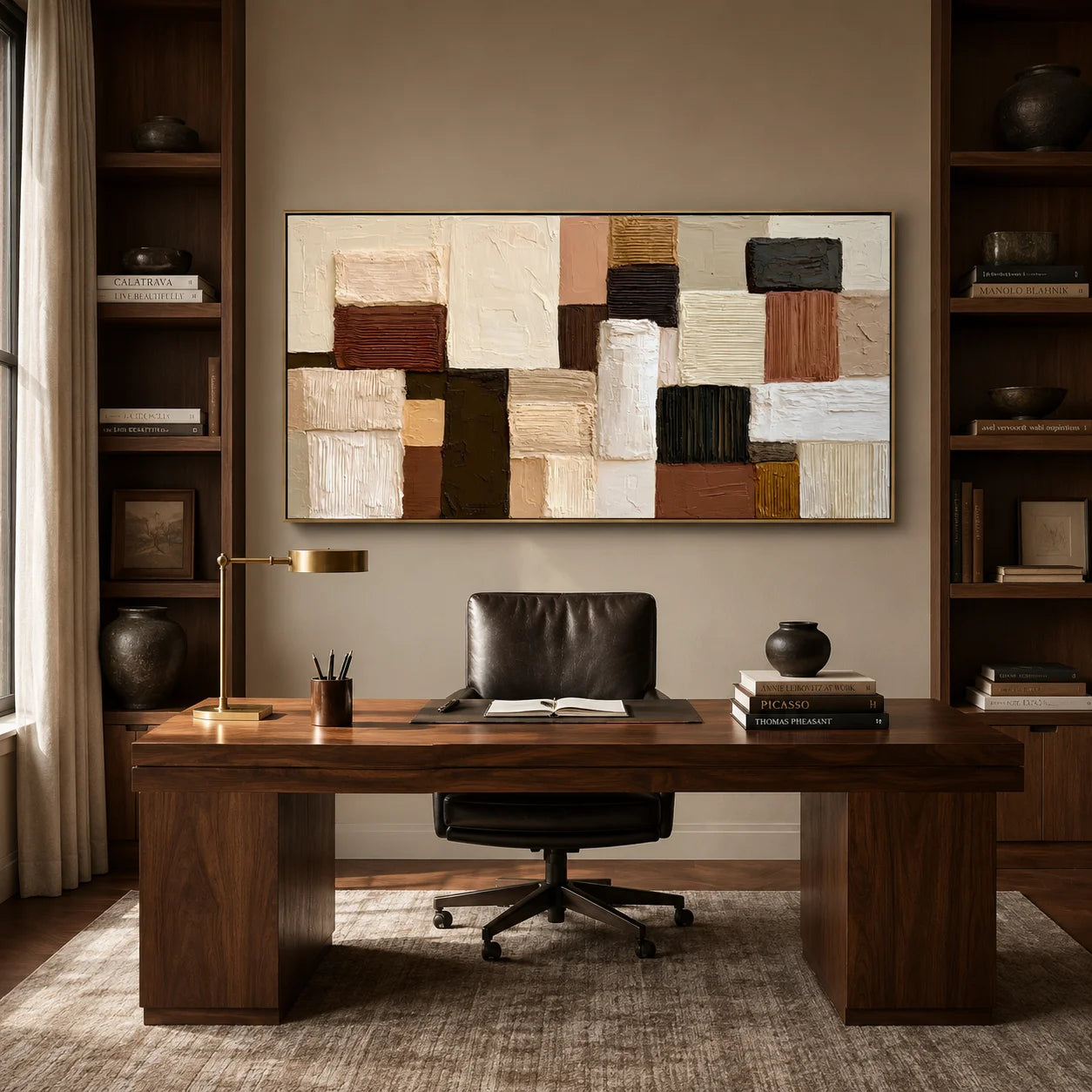 Hand-Painted Textured Abstract Oil Painting – Horizontal Neutral Geometric Wall Art for Modern Home Decor#OA 0980