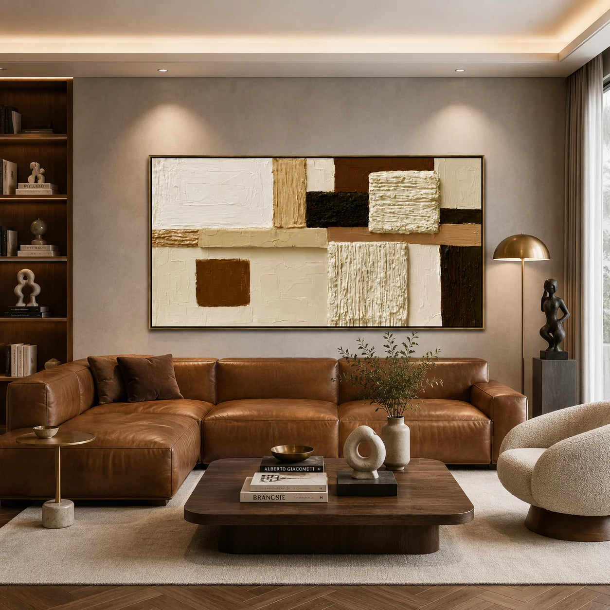 Hand-Painted Textured Abstract Oil Painting – Horizontal Neutral Geometric Wall Art for Modern Home Decor#OA 0979
