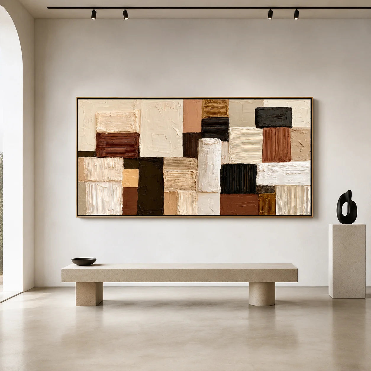 Hand-Painted Textured Abstract Oil Painting – Horizontal Neutral Geometric Wall Art for Modern Home Decor#OA 0980
