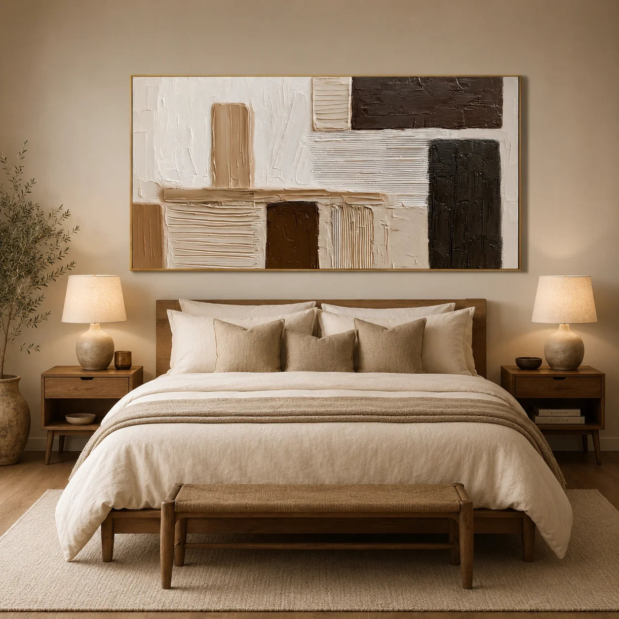 Hand-Painted Textured Abstract Oil Painting – Horizontal Neutral Geometric Wall Art for Modern Minimalist Decor#OA 0985