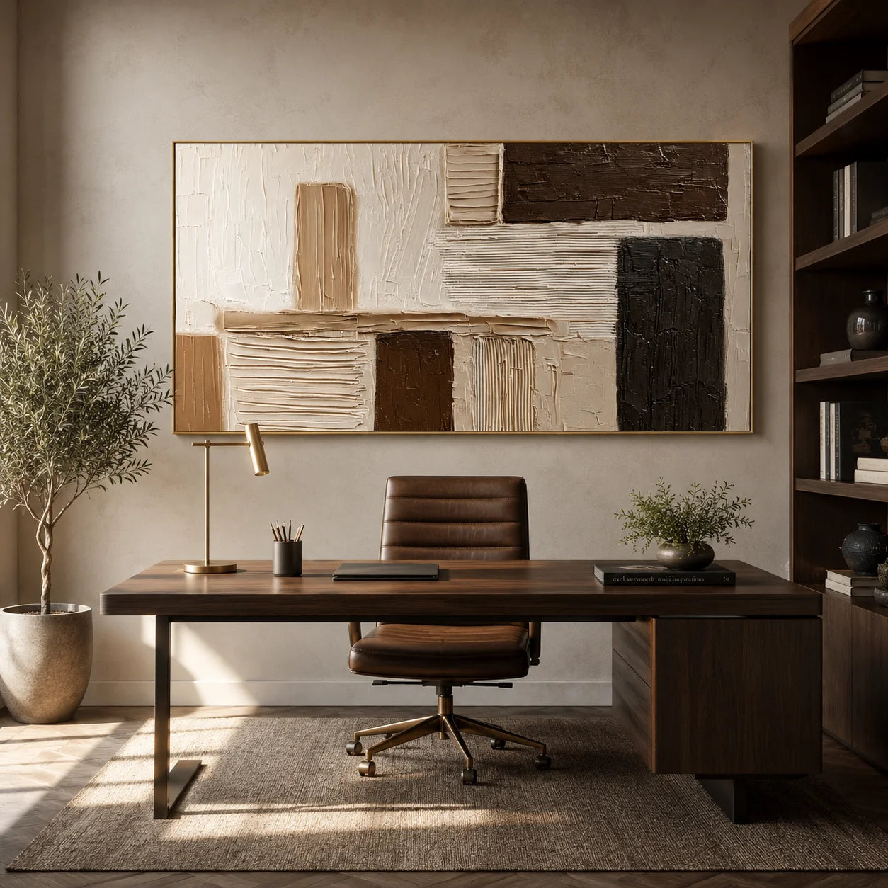 Hand-Painted Textured Abstract Oil Painting – Horizontal Neutral Geometric Wall Art for Modern Minimalist Decor#OA 0985