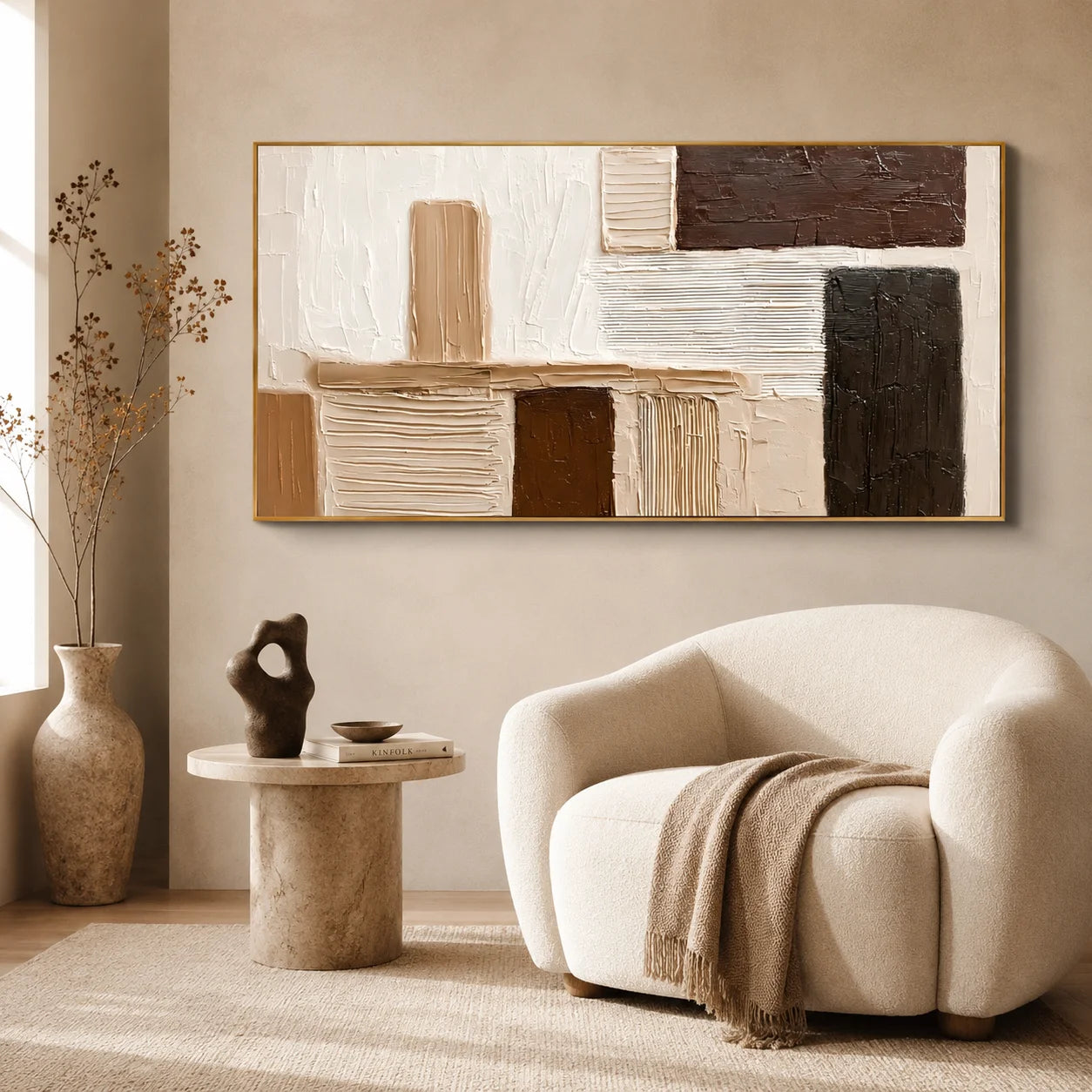 Hand-Painted Textured Abstract Oil Painting – Horizontal Neutral Geometric Wall Art for Modern Minimalist Decor#OA 0985
