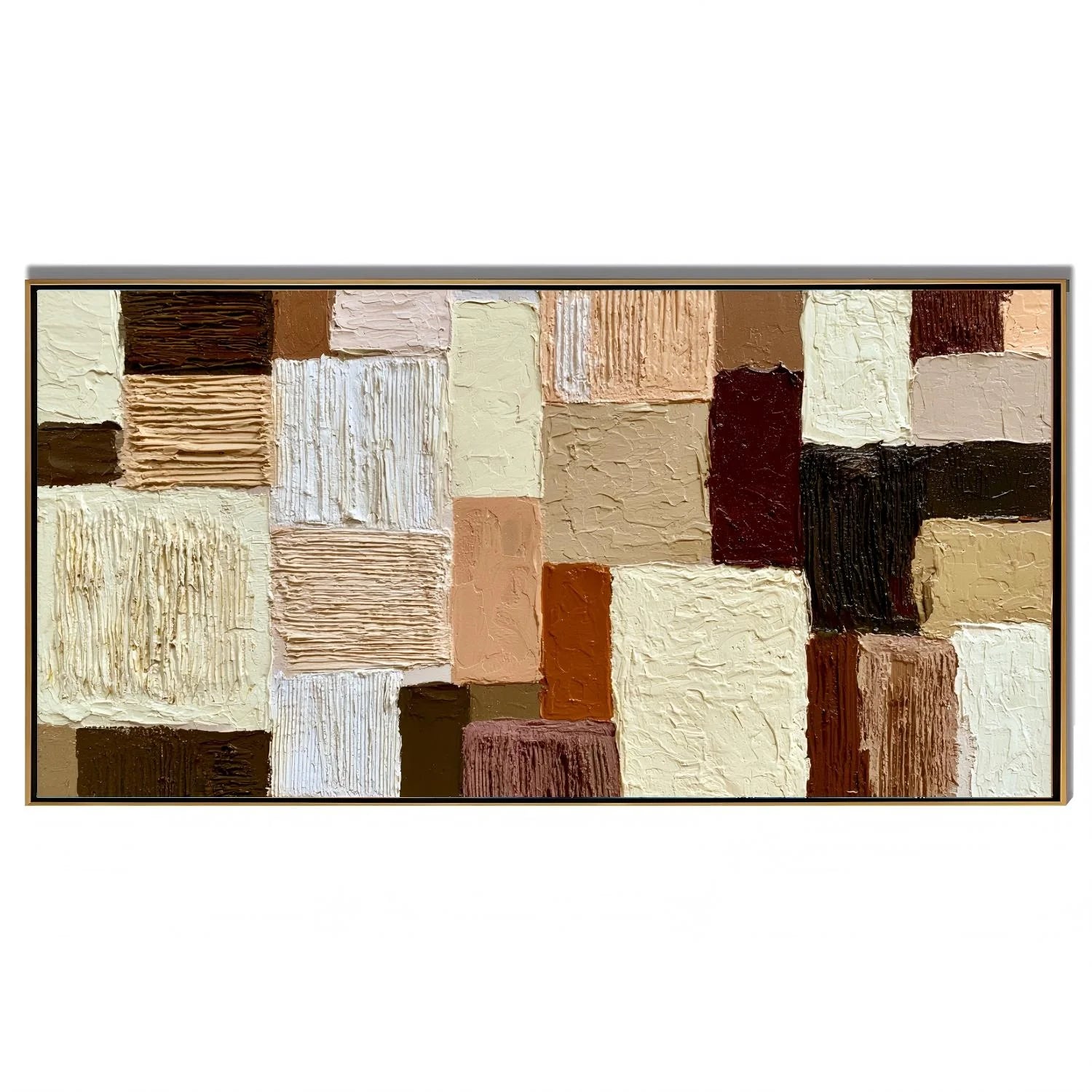 Hand-Painted Textured Abstract Oil Painting – Long Horizontal Neutral Geometric Wall Art for Modern Home Decor#OA 0982