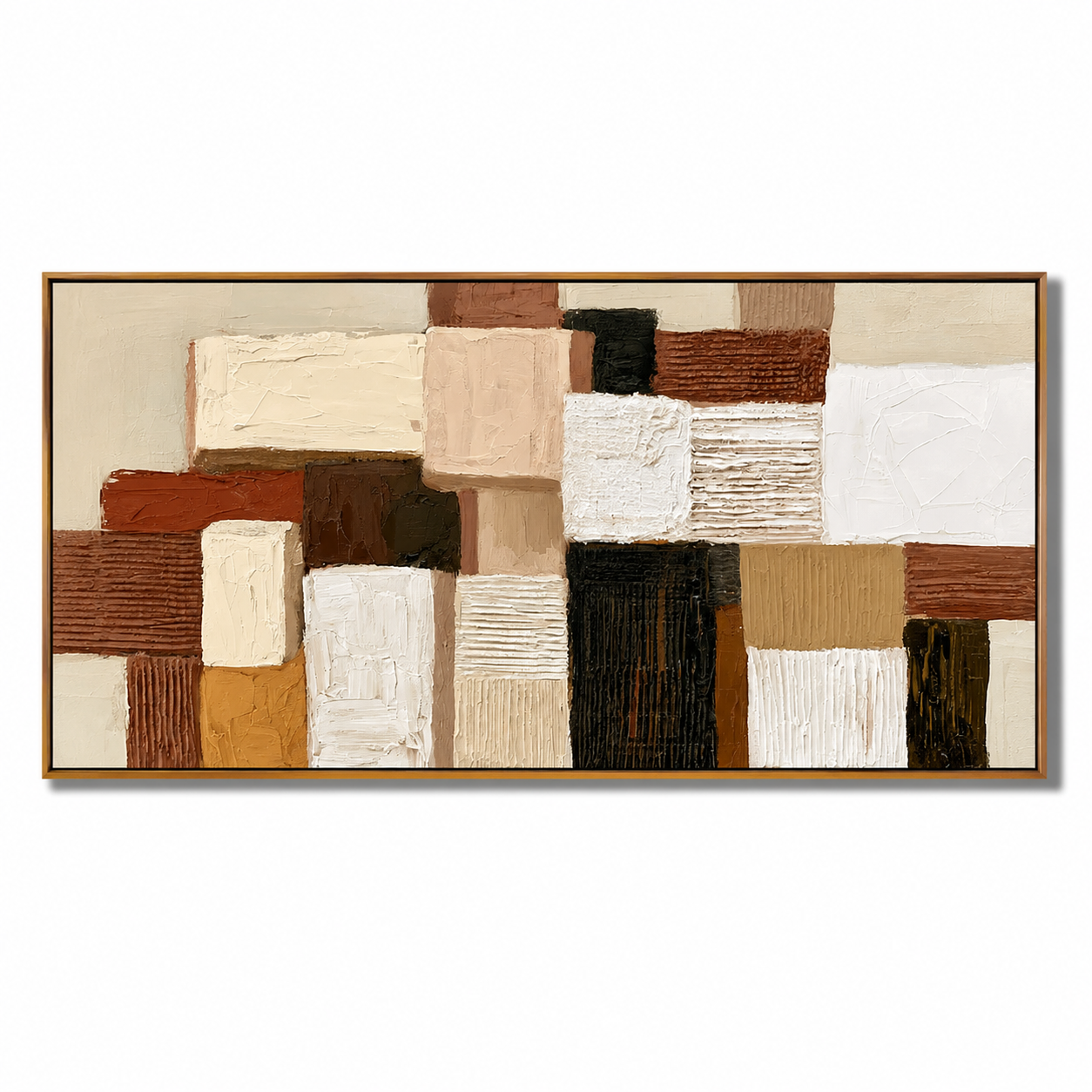 Hand-Painted Textured Abstract Oil Painting – Long Horizontal Neutral Geometric Wall Art for Modern Home Decor