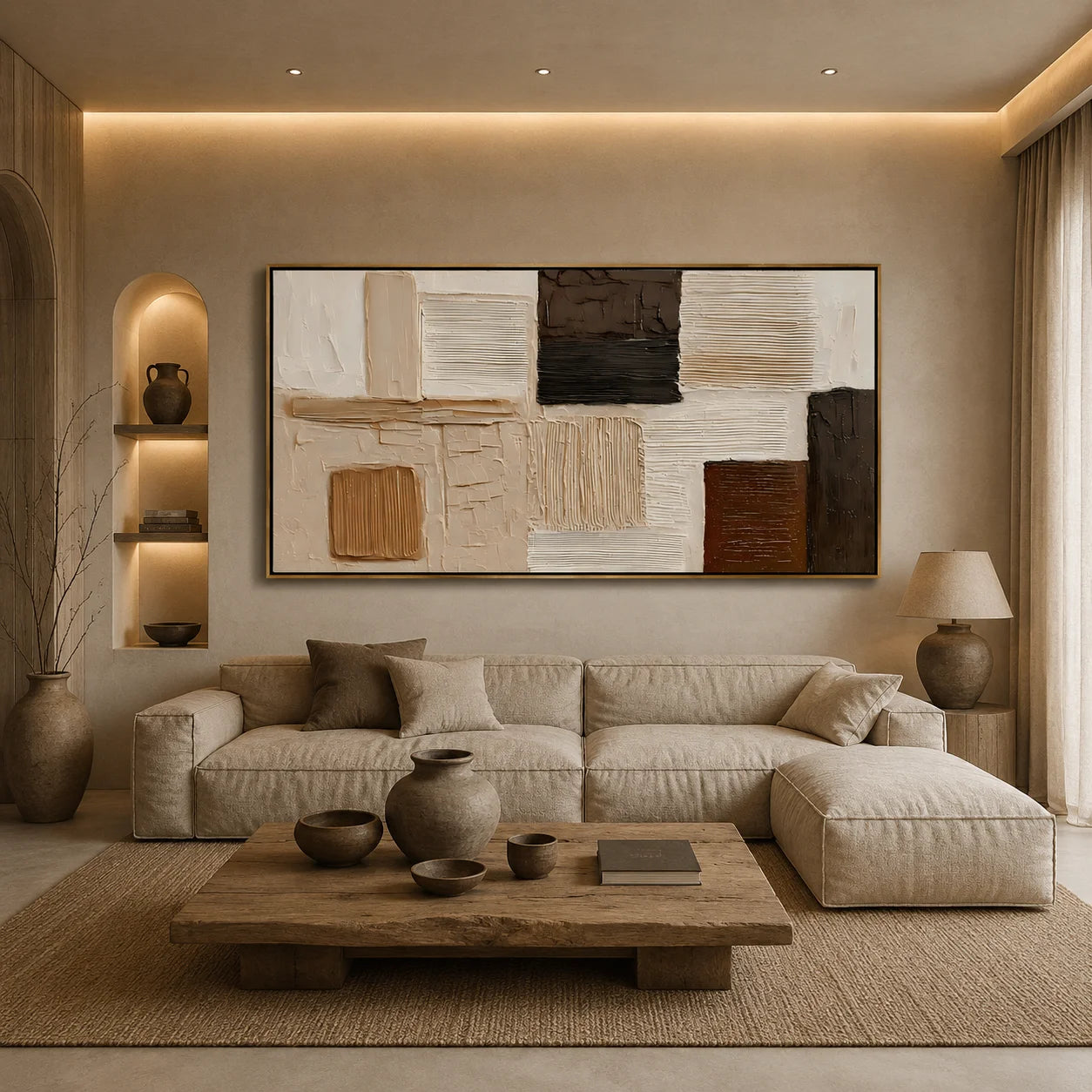 Hand-Painted Textured Abstract Oil Painting – Long Horizontal Neutral Geometric Wall Art for Modern Home Decor#OA 0981