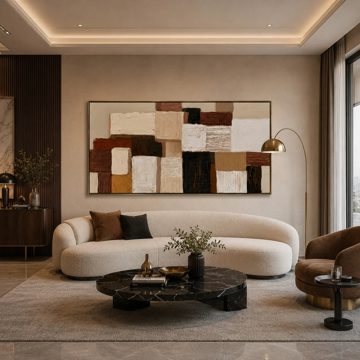 Hand-Painted Textured Abstract Oil Painting – Long Horizontal Neutral Geometric Wall Art for Modern Home Decor#OA 0983