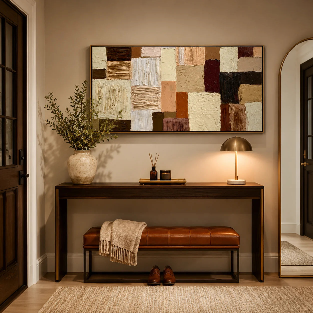 Hand-Painted Textured Abstract Oil Painting – Long Horizontal Neutral Geometric Wall Art for Modern Home Decor#OA 0982