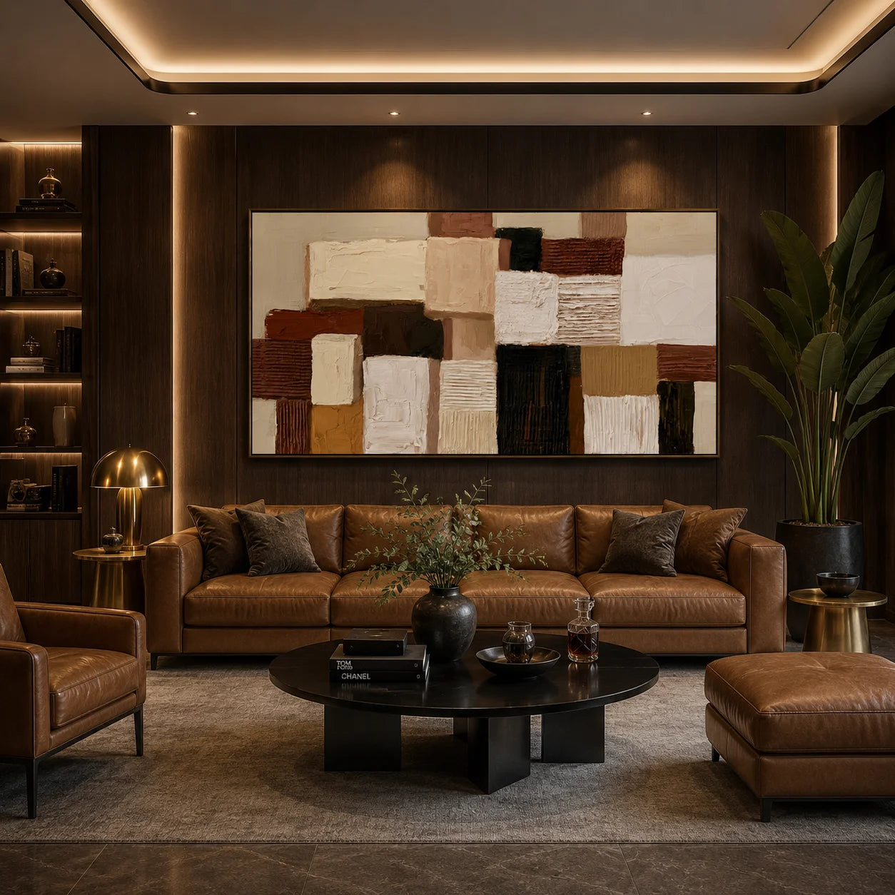 Hand-Painted Textured Abstract Oil Painting – Long Horizontal Neutral Geometric Wall Art for Modern Home Decor#OA 0983