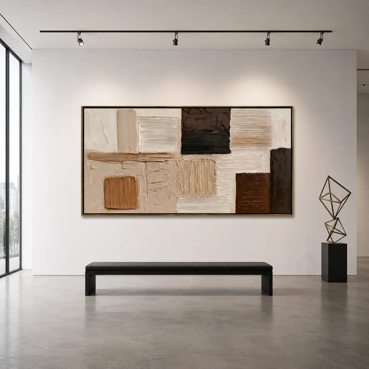 Hand-Painted Textured Abstract Oil Painting – Long Horizontal Neutral Geometric Wall Art for Modern Home Decor#OA 0981