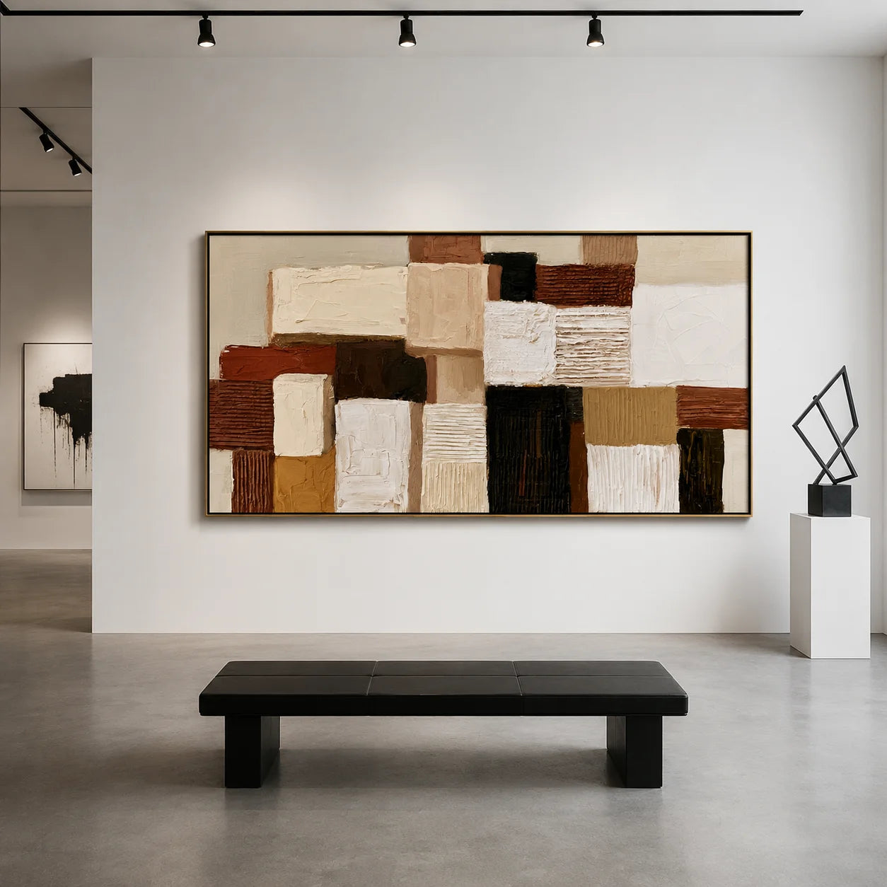 Hand-Painted Textured Abstract Oil Painting – Long Horizontal Neutral Geometric Wall Art for Modern Home Decor#OA 0983