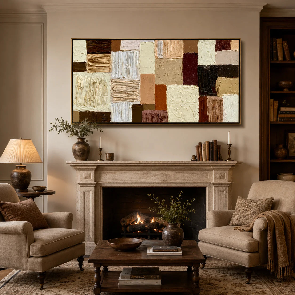 Hand-Painted Textured Abstract Oil Painting – Long Horizontal Neutral Geometric Wall Art for Modern Home Decor#OA 0982