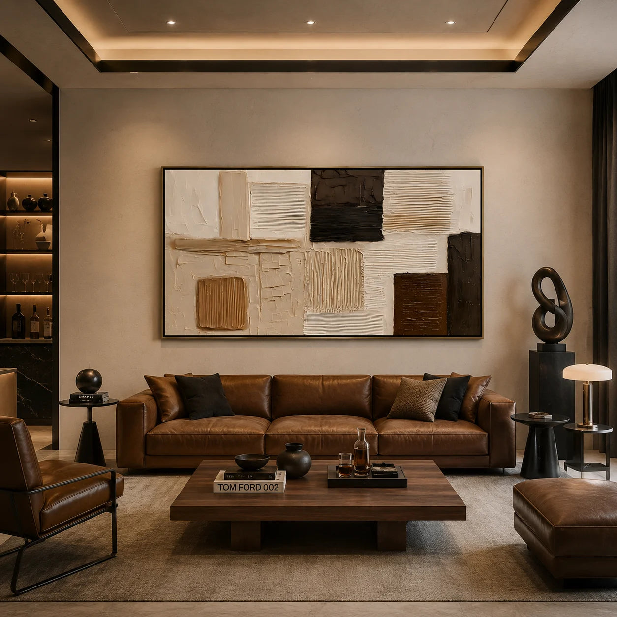 Hand-Painted Textured Abstract Oil Painting – Long Horizontal Neutral Geometric Wall Art for Modern Home Decor#OA 0981