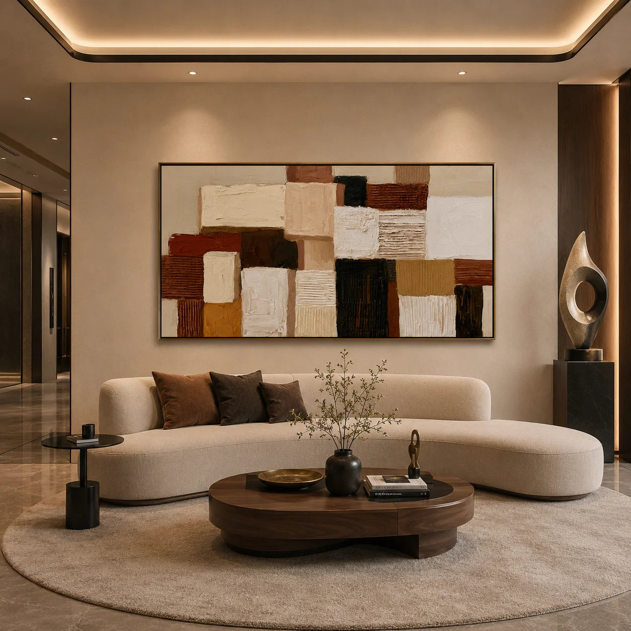 Hand-Painted Textured Abstract Oil Painting – Long Horizontal Neutral Geometric Wall Art for Modern Home Decor#OA 0983
