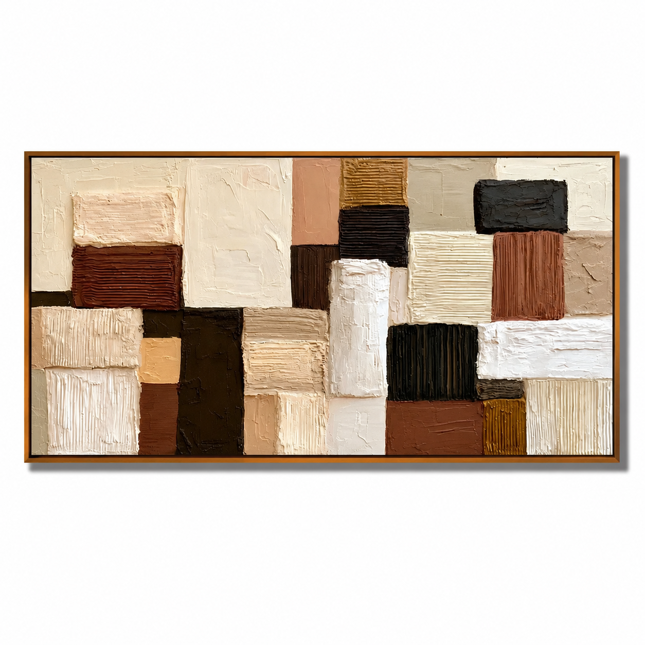 Hand-Painted Textured Abstract Oil Painting – Horizontal Neutral Geometric Wall Art for Modern Home Decor
