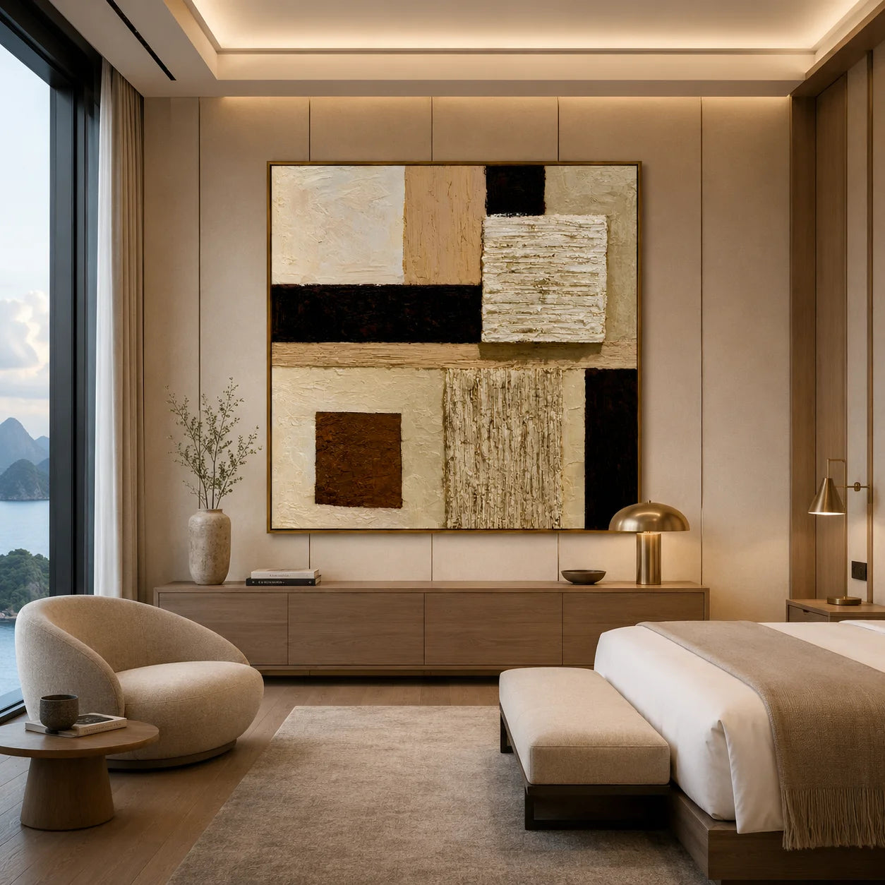 Hand-Painted Textured Abstract Oil Painting – Neutral Beige Geometric Wall Art for Modern Minimalist Decor#OA 0978