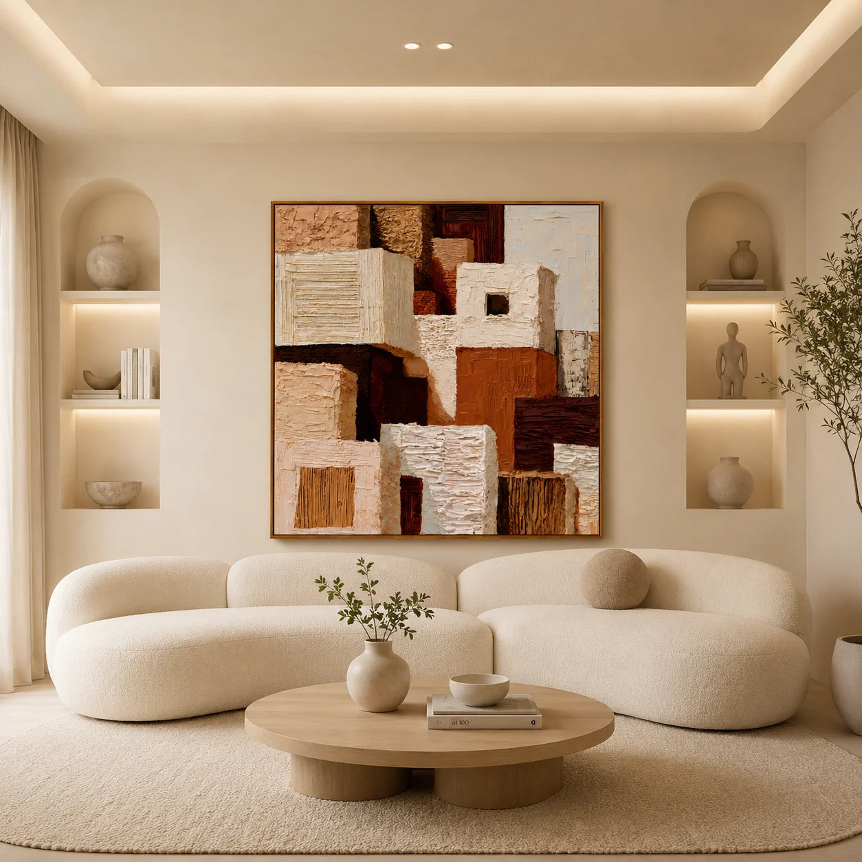 Hand-Painted Textured Abstract Oil Painting – Warm Neutral Geometric Wall Art for Modern Home Decor#OA 0976