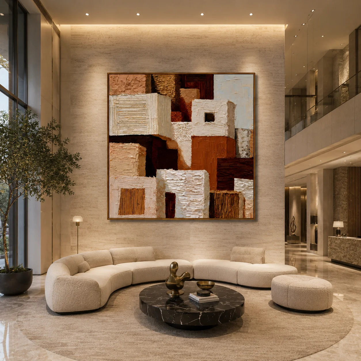 Hand-Painted Textured Abstract Oil Painting – Warm Neutral Geometric Wall Art for Modern Home Decor#OA 0976
