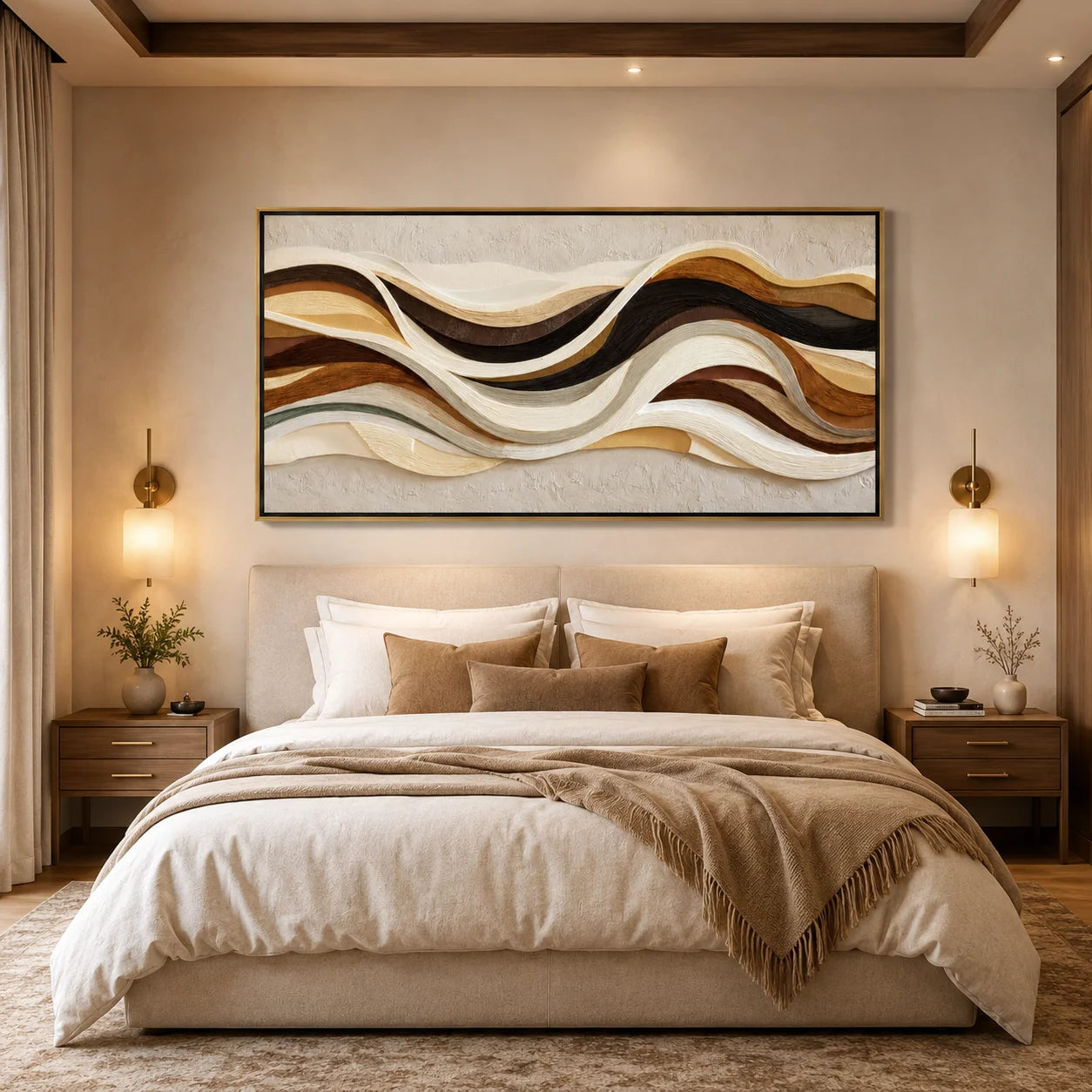 Hand-Painted Textured Abstract Wall Art, Brown Beige Wave Oil Painting for Modern Luxury Home Decor#OA 0921