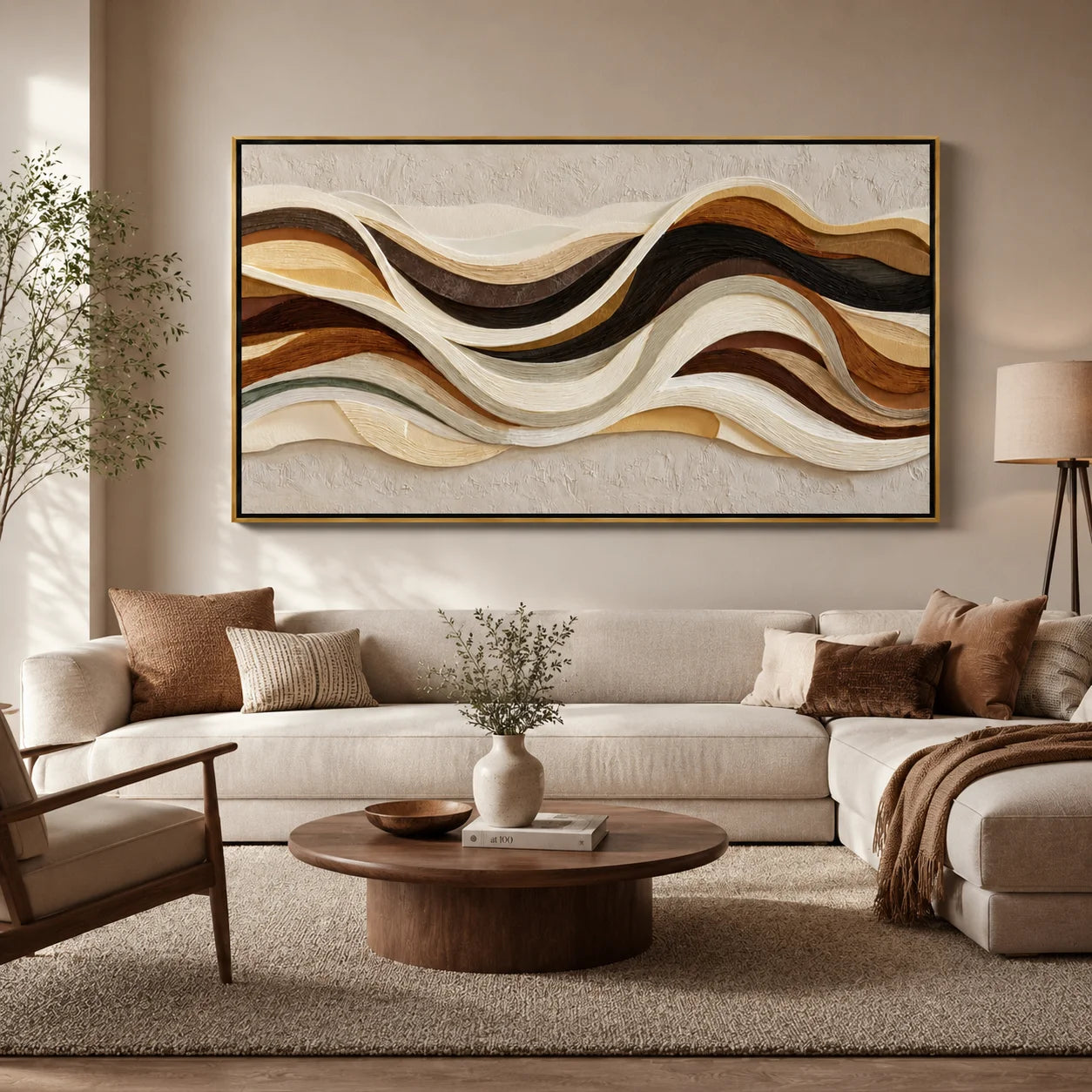 Hand-Painted Textured Abstract Wall Art, Brown Beige Wave Oil Painting for Modern Luxury Home Decor#OA 0921
