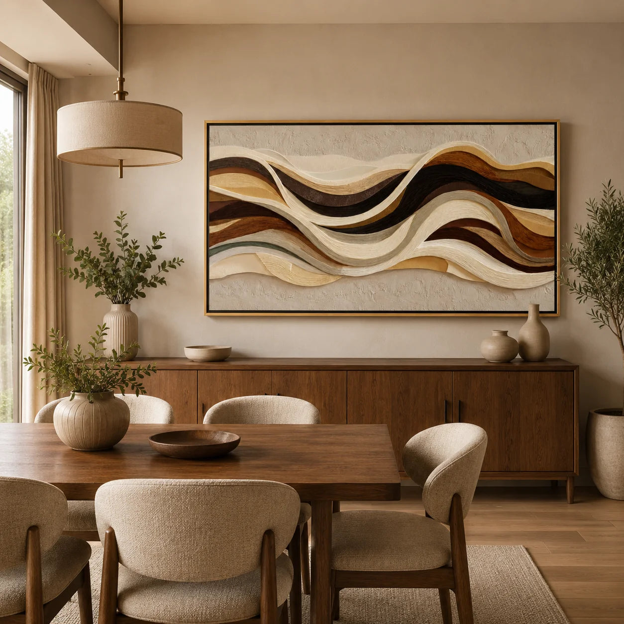 Hand-Painted Textured Abstract Wall Art, Brown Beige Wave Oil Painting for Modern Luxury Home Decor#OA 0921