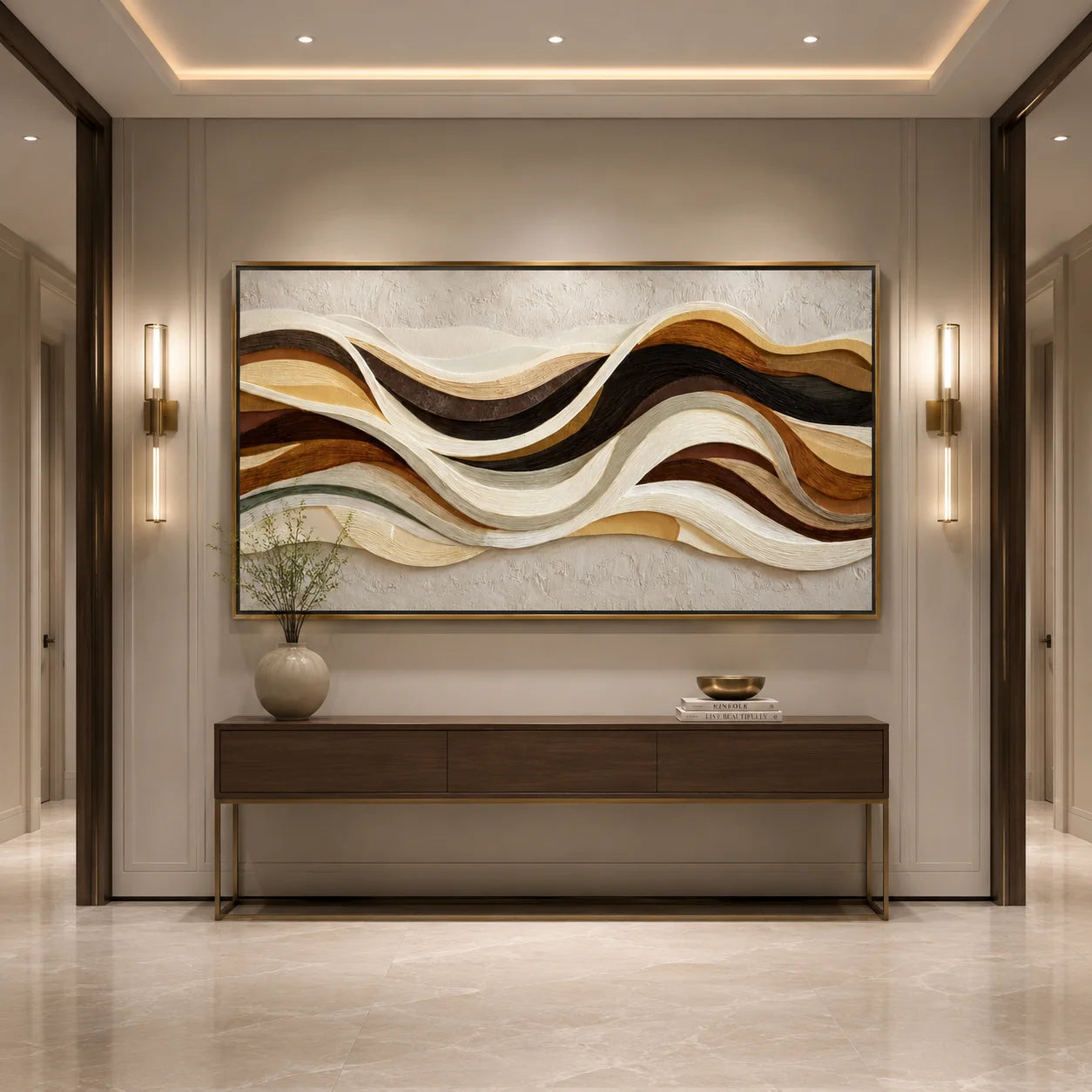 Hand-Painted Textured Abstract Wall Art, Brown Beige Wave Oil Painting for Modern Luxury Home Decor#OA 0921