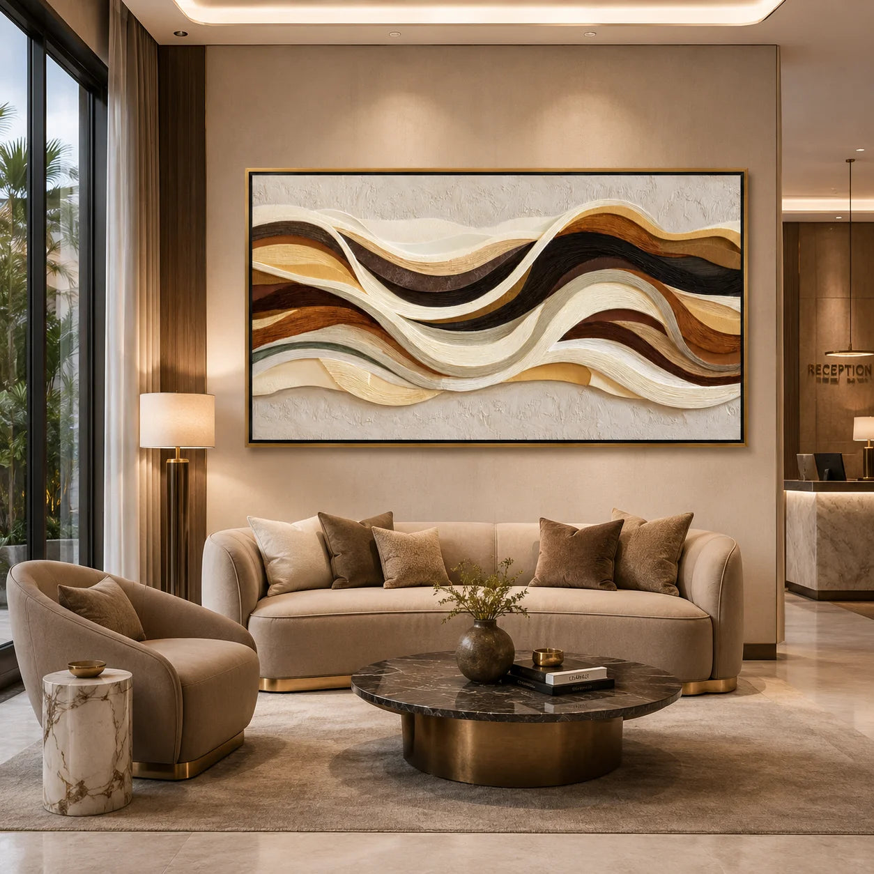 Hand-Painted Textured Abstract Wall Art, Brown Beige Wave Oil Painting for Modern Luxury Home Decor#OA 0921
