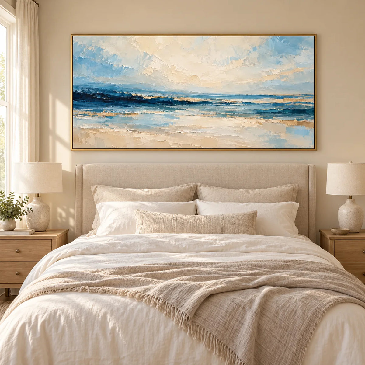 Ownanart Hand-Painted Textured Seascape Oil Painting – Blue Ocean Waves & Cream Sky, Horizontal Coastal Wall Art