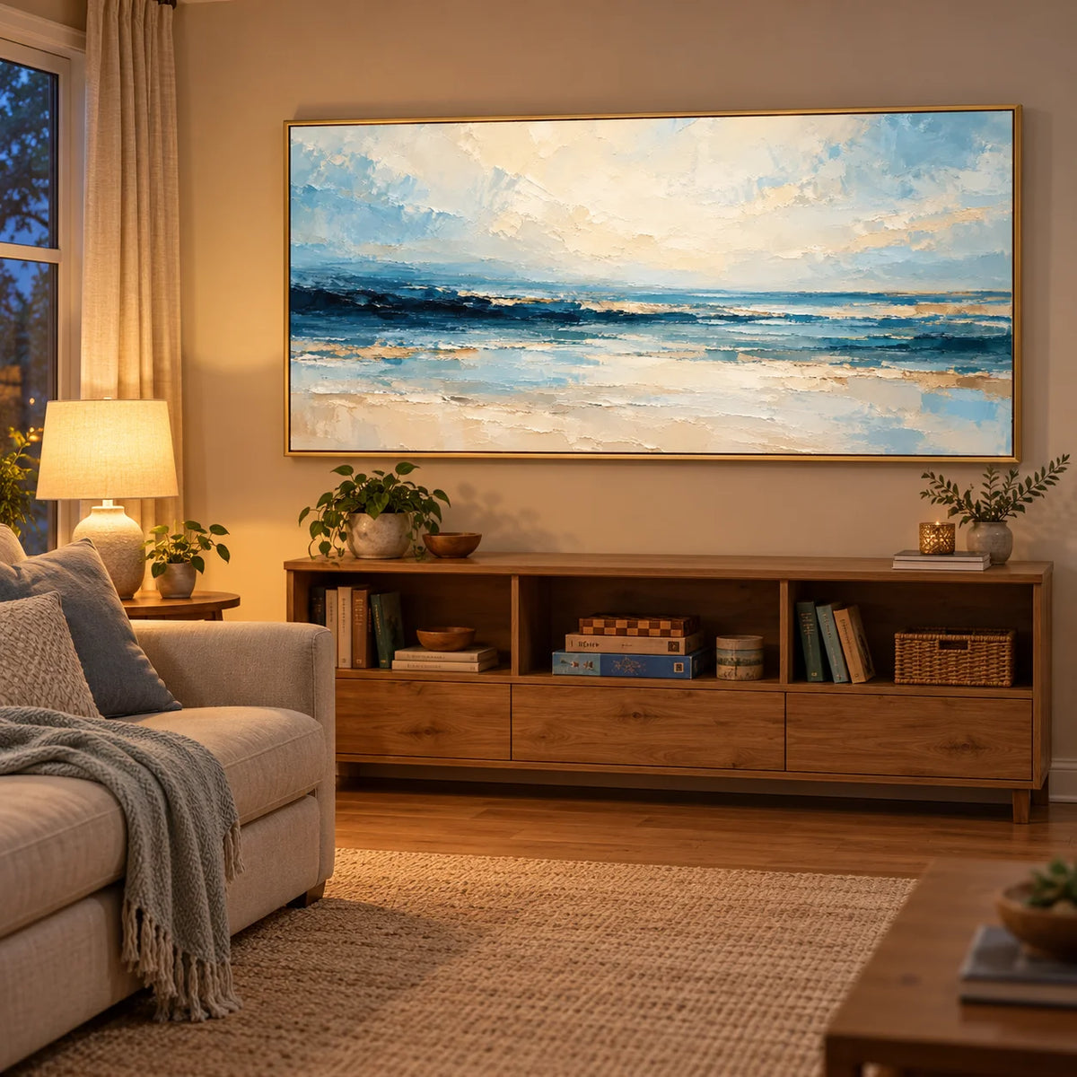 Ownanart Hand-Painted Textured Seascape Oil Painting – Blue Ocean Waves & Cream Sky, Horizontal Coastal Wall Art