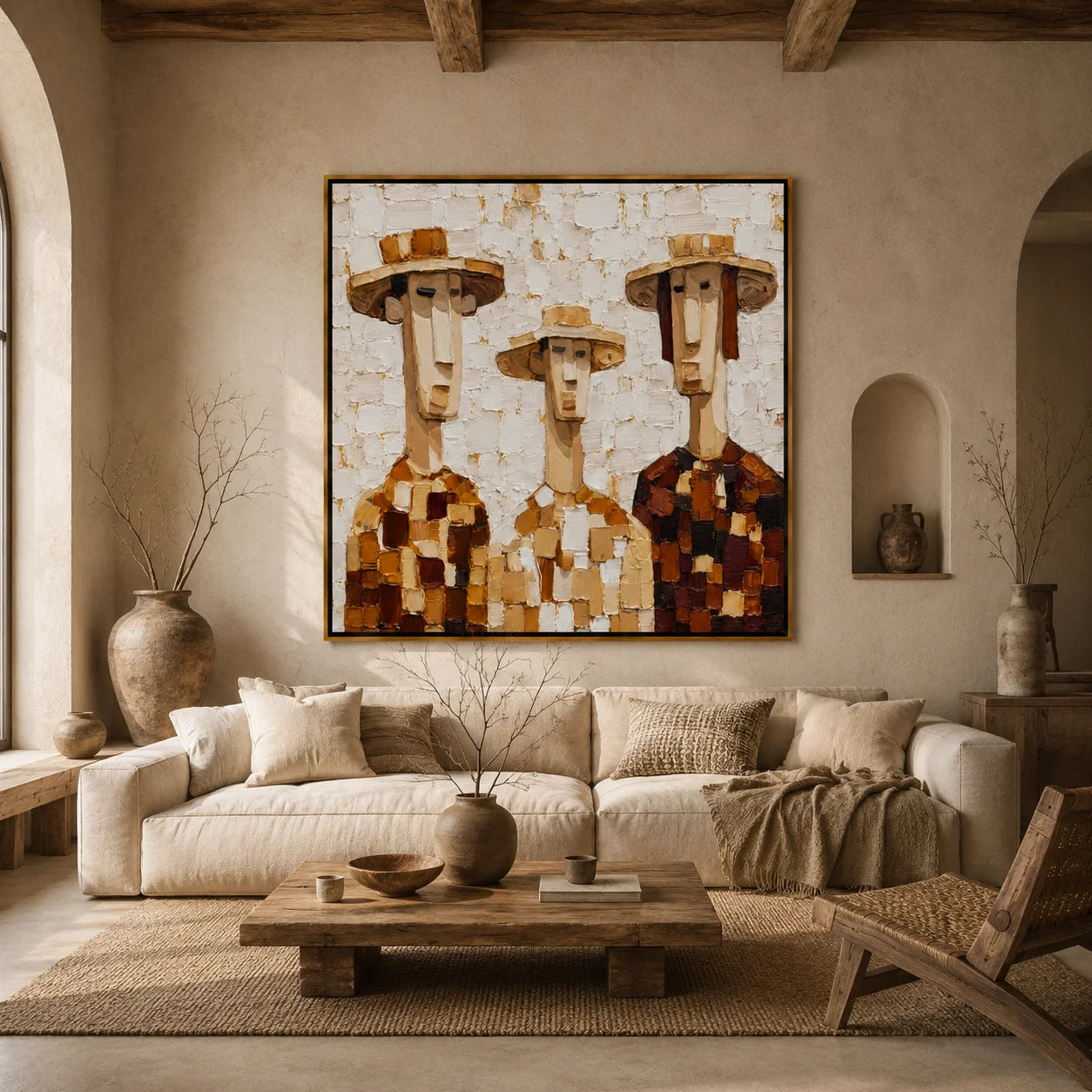Hand-Painted Three Figures Oil Painting, Textured Folk Portrait Wall Art for Rustic Modern Home Decor #OA 1002