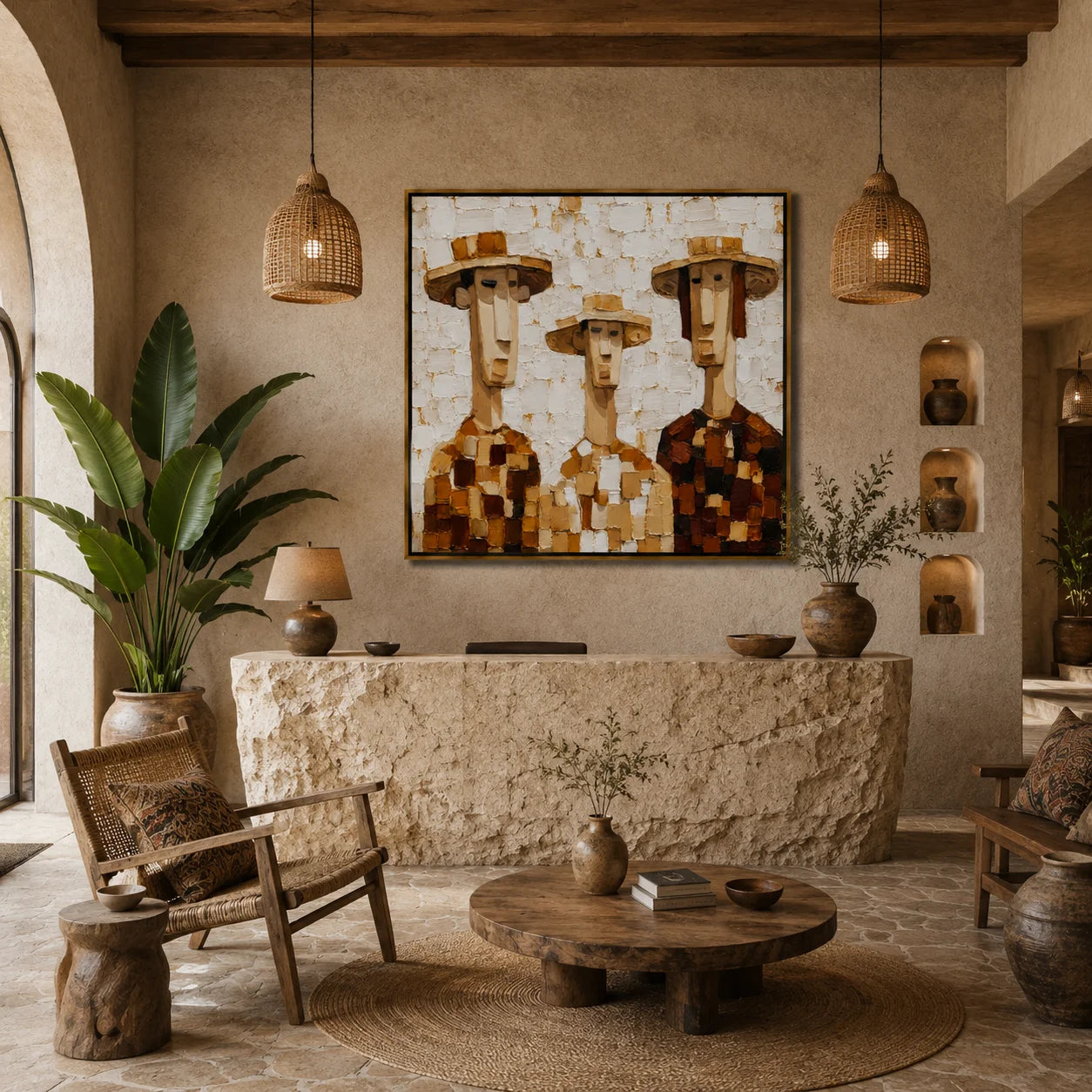 Hand-Painted Three Figures Oil Painting, Textured Folk Portrait Wall Art for Rustic Modern Home Decor #OA 1002