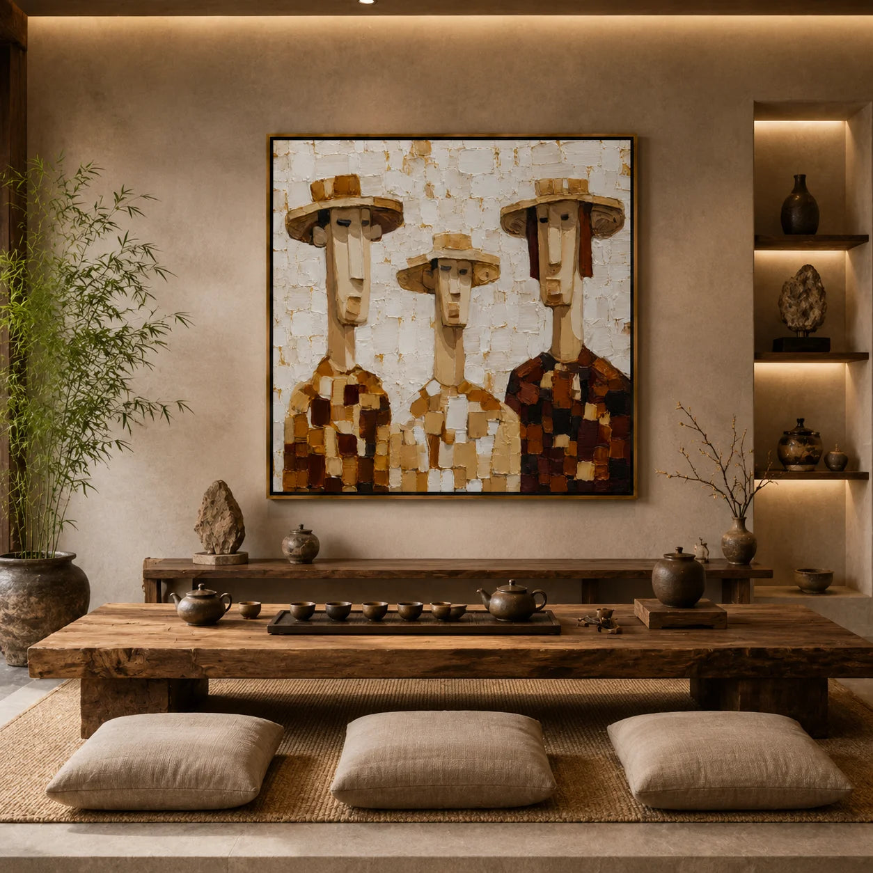 Hand-Painted Three Figures Oil Painting, Textured Folk Portrait Wall Art for Rustic Modern Home Decor #OA 1002