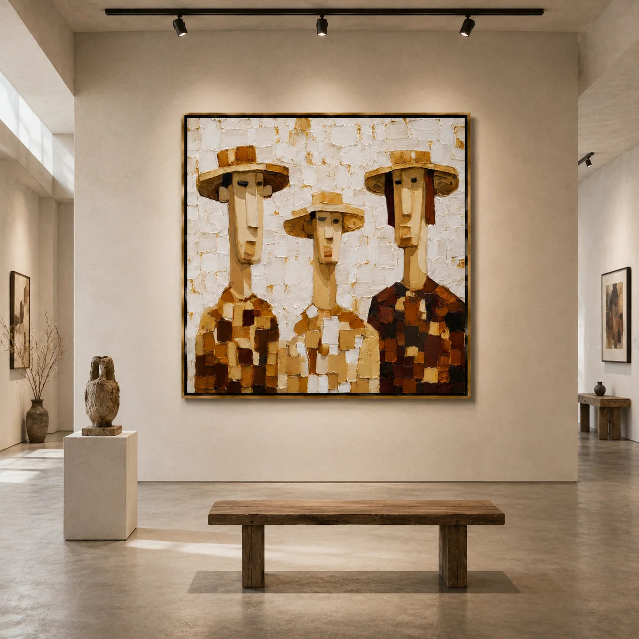Hand-Painted Three Figures Oil Painting, Textured Folk Portrait Wall Art for Rustic Modern Home Decor #OA 1002