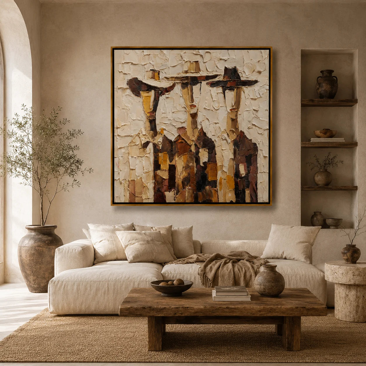 Hand-Painted Three Figures Oil Painting, Textured Rustic Folk Art Wall Decor for Modern Farmhouse Home #OA 1003