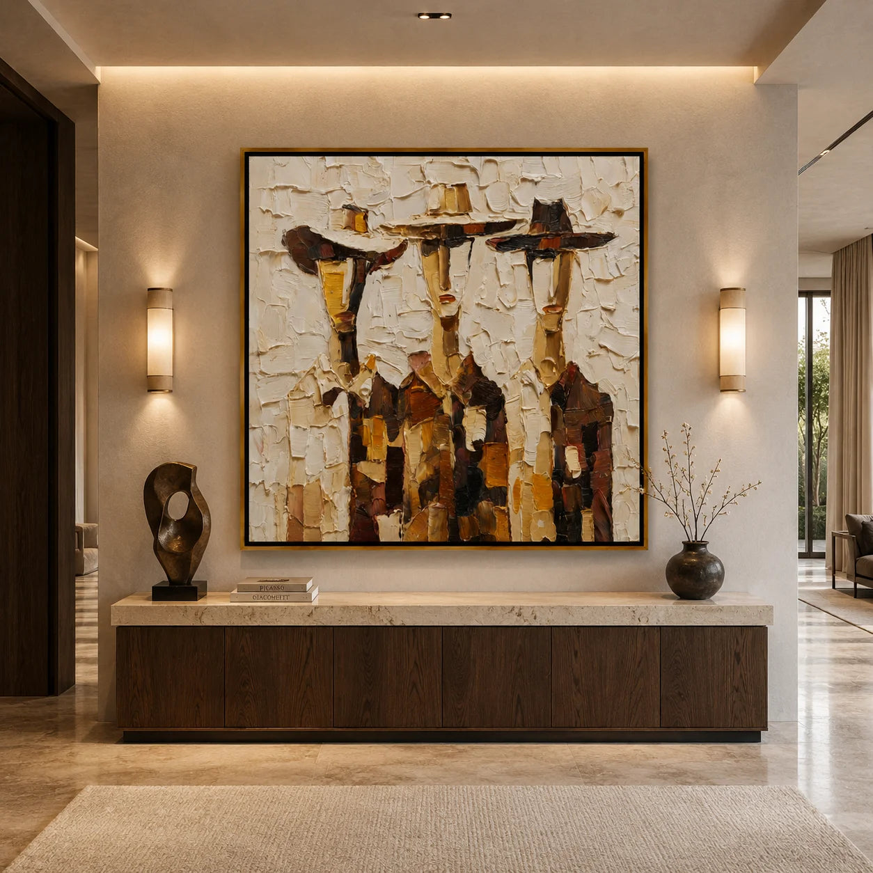 Hand-Painted Three Figures Oil Painting, Textured Rustic Folk Art Wall Decor for Modern Farmhouse Home #OA 1003