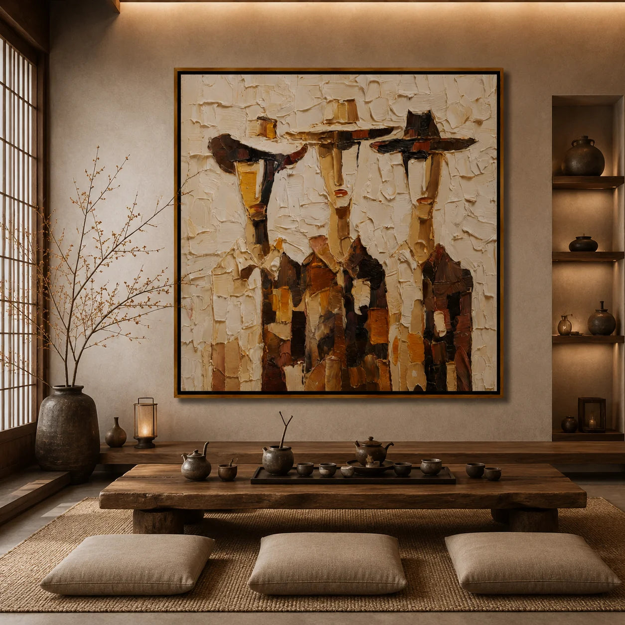 Hand-Painted Three Figures Oil Painting, Textured Rustic Folk Art Wall Decor for Modern Farmhouse Home #OA 1003