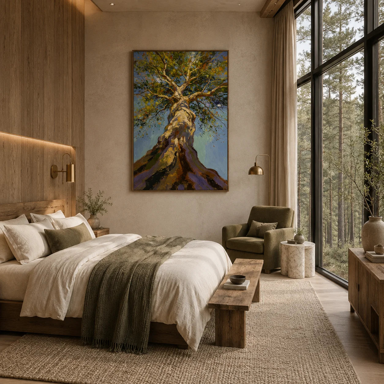 Ownanart Hand-Painted Tree Oil Painting – Upward View of Sunlit Woodland Canopy, Textured Nature Wall Art, Large Vertical Forest Landscape for Living Room Decor # OA 1330