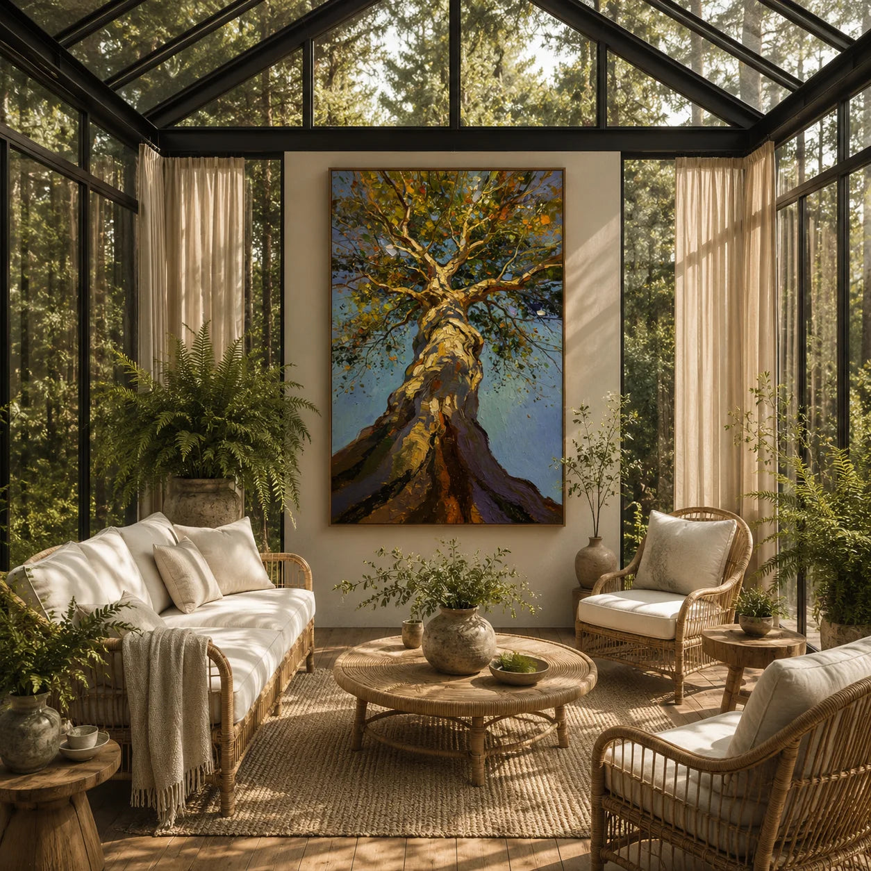 Ownanart Hand-Painted Tree Oil Painting – Upward View of Sunlit Woodland Canopy, Textured Nature Wall Art, Large Vertical Forest Landscape for Living Room Decor # OA 1330