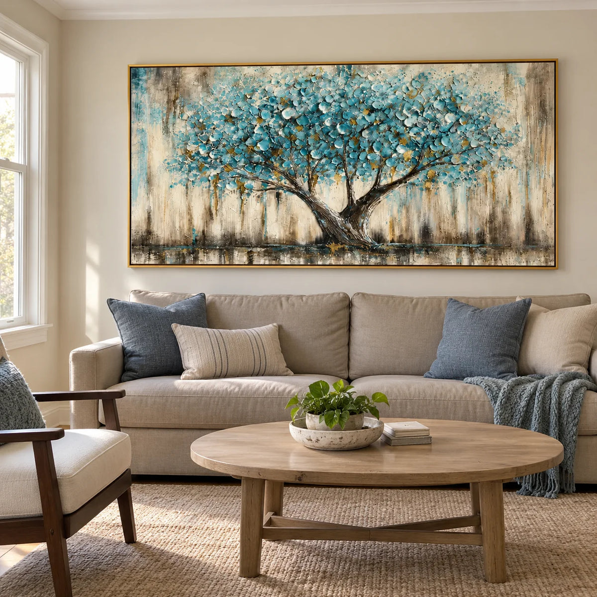 Ownanart Hand-Painted Turquoise and Gold Tree Oil Painting – Textured Impasto Botanical Art, Horizontal Canvas Wall Decor #OA 1447