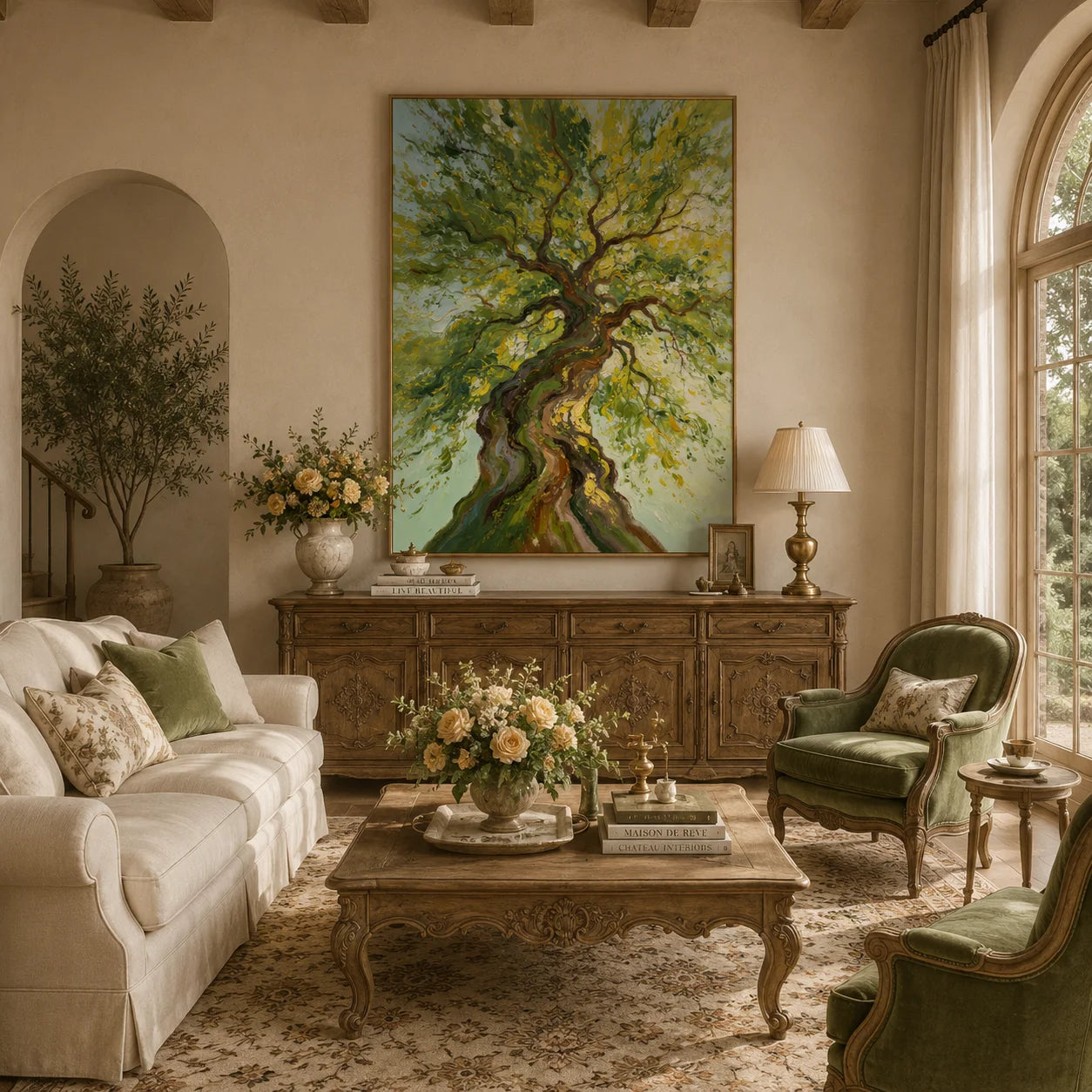 Ownanart Hand-Painted Twisted Tree Oil Painting – Sunlit Green Canopy Nature Wall Art, Large Vertical Textured Tree Landscape for Living Room Decor # OA 1331