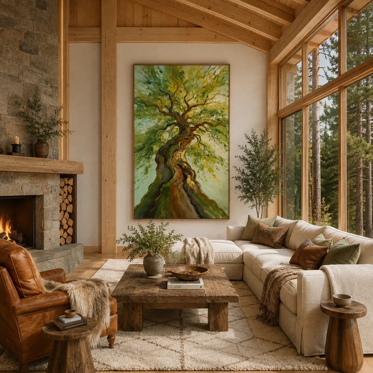 Ownanart Hand-Painted Twisted Tree Oil Painting – Sunlit Green Canopy Nature Wall Art, Large Vertical Textured Tree Landscape for Living Room Decor # OA 1331