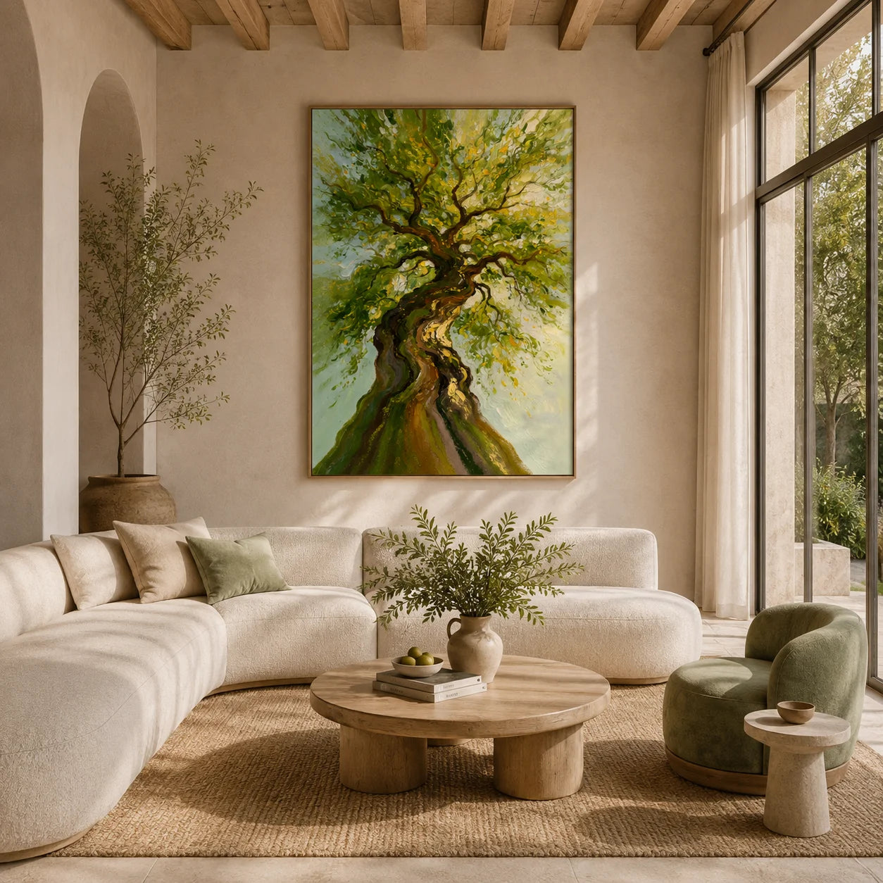 Ownanart Hand-Painted Twisted Tree Oil Painting – Sunlit Green Canopy Nature Wall Art, Large Vertical Textured Tree Landscape for Living Room Decor # OA 1331