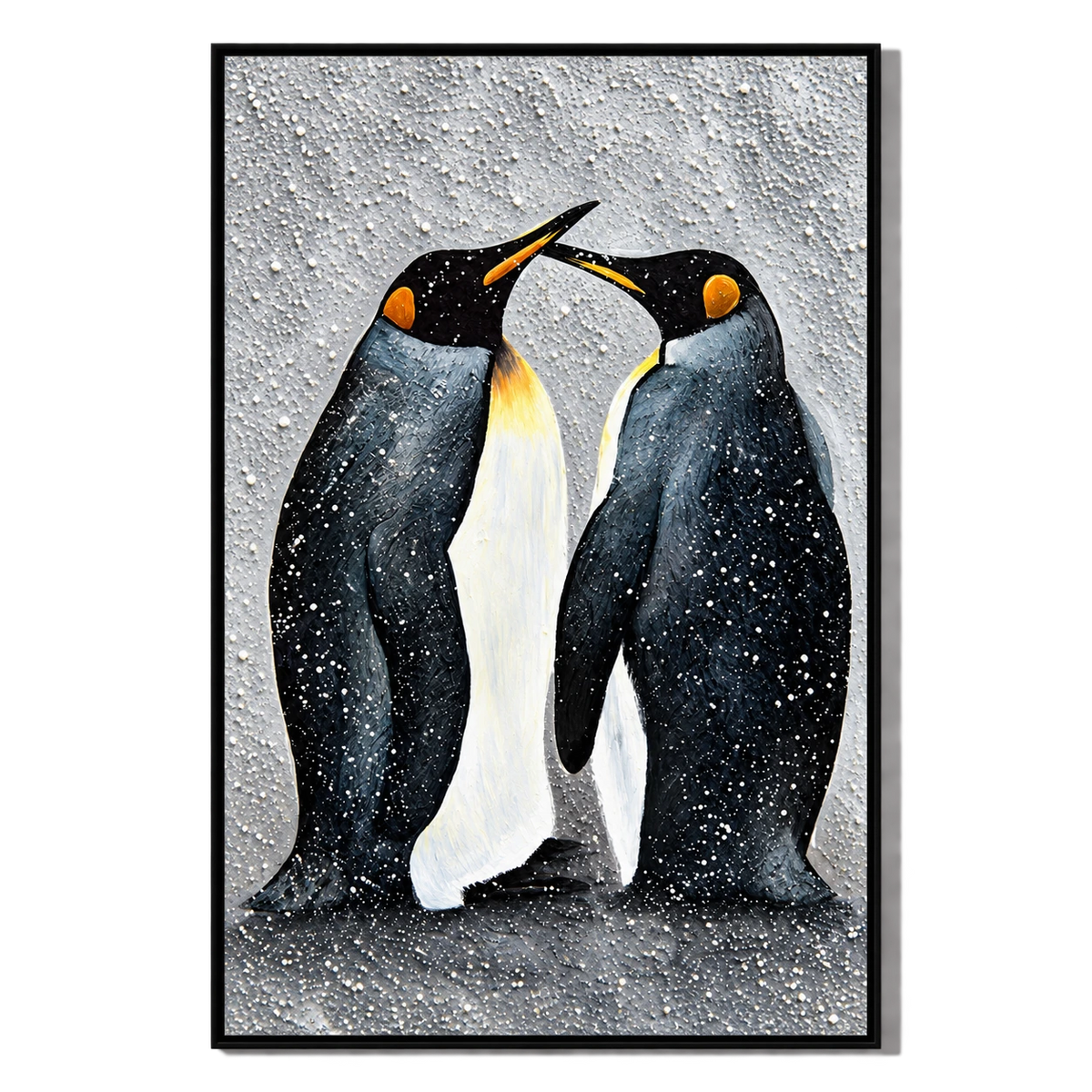 Ownanart Hand-Painted Two Penguins in Falling Snow Oil Painting – 3D Textured Vertical Impasto Canvas Wall Art for Living Room Bedroom Entryway and Office #OA 1595