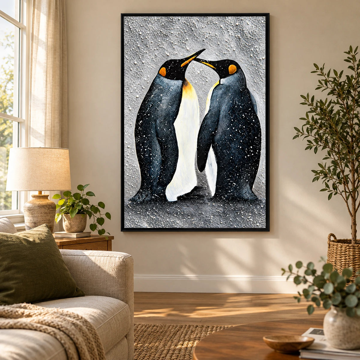 Ownanart Hand-Painted Two Penguins in Falling Snow Oil Painting – 3D Textured Vertical Impasto Canvas Wall Art for Living Room Bedroom Entryway and Office #OA 1595