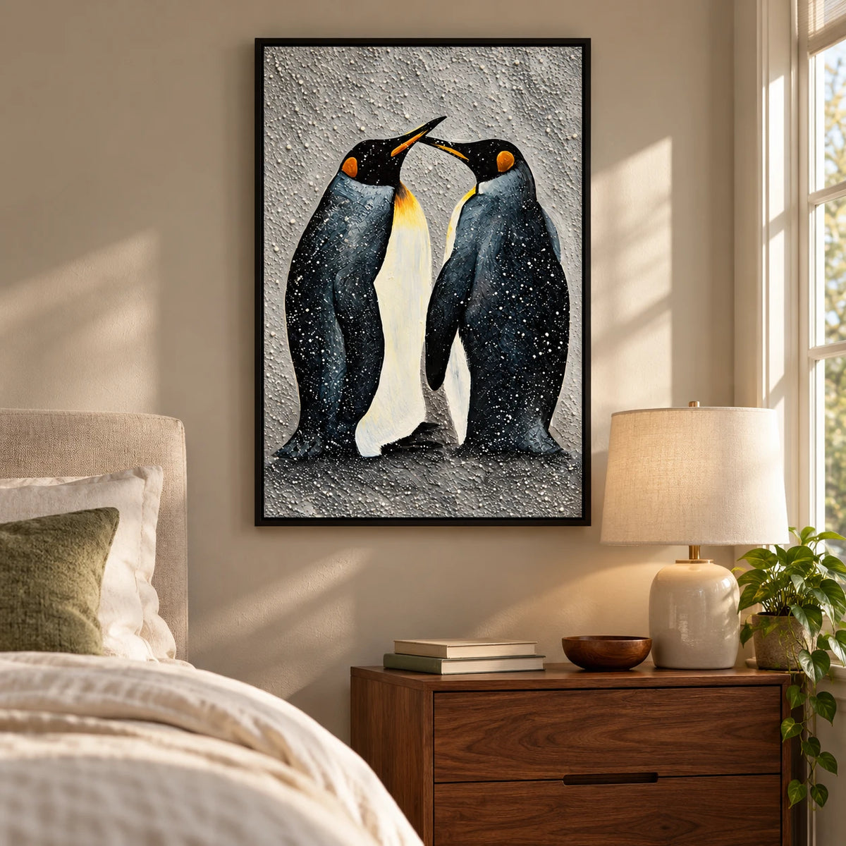Ownanart Hand-Painted Two Penguins in Falling Snow Oil Painting – 3D Textured Vertical Impasto Canvas Wall Art for Living Room Bedroom Entryway and Office #OA 1595